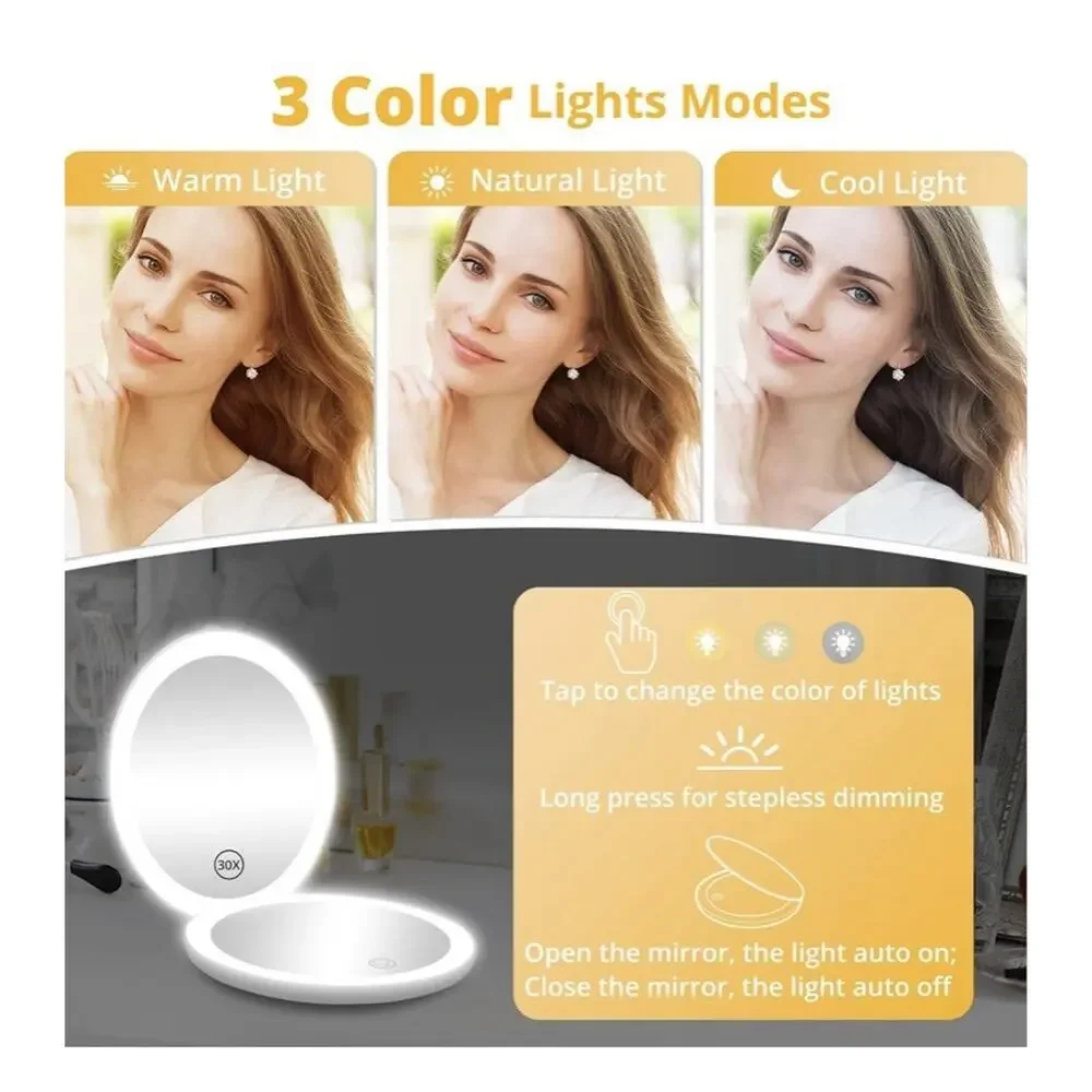 Dual Lighted Compact Mirror, Led Rings, Magnification, Adjustable Brightness